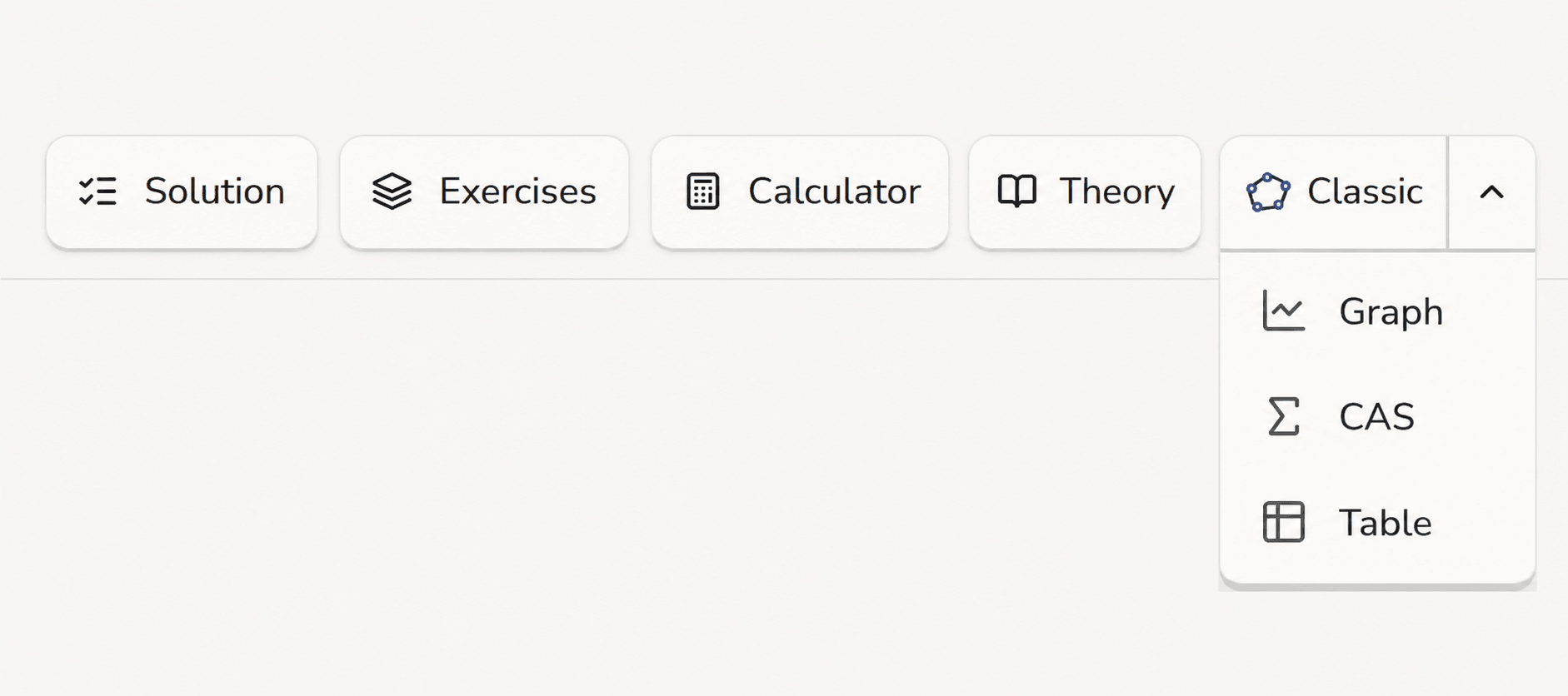 Origos räknevy där CAS-räknaren, GeoGebra och andra matematikverktyg öppnas i samma vy.