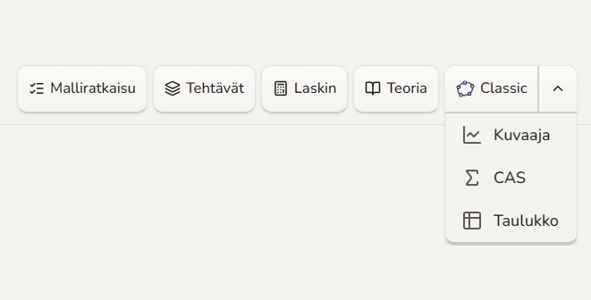 Origon laskunäkymä, jossa CAS-laskin, GeoGebra ja muut matematiikan työkalut avautuvat samassa näkymässä.